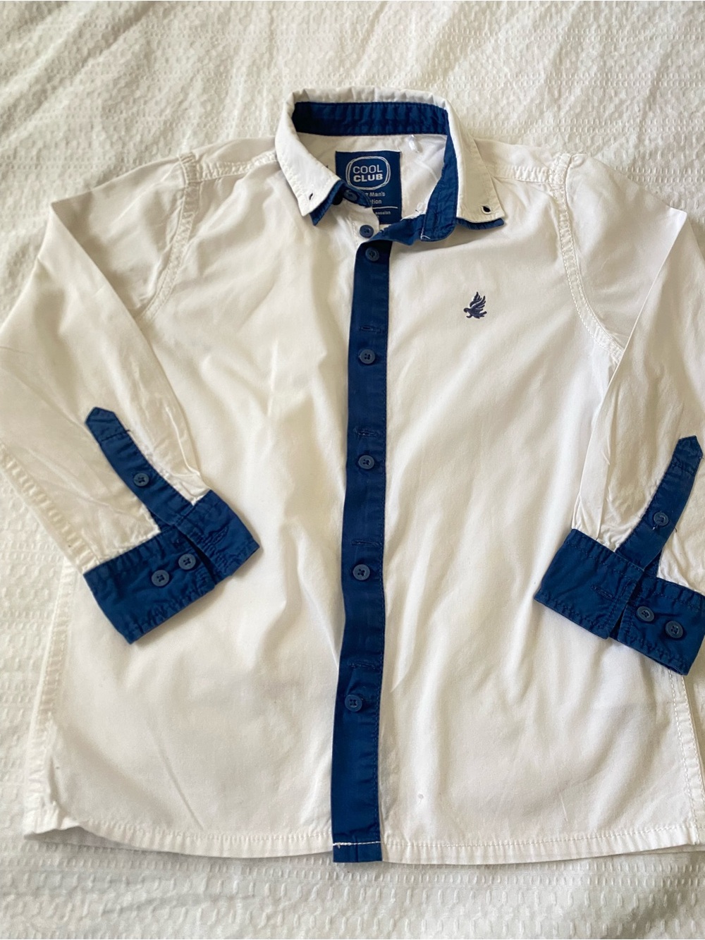 Boys' White Button-Down Shirt with Navy Trim